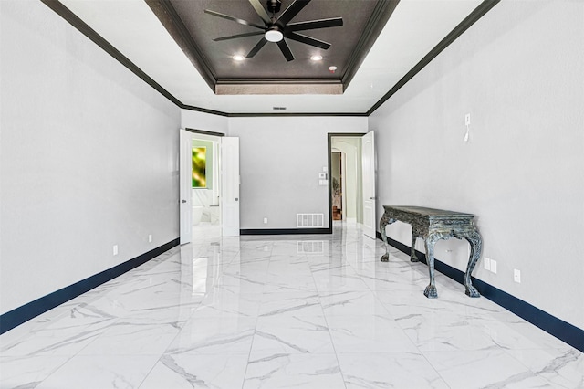 3401 Anthony Cir, Rowlett, TX 75088 - empty room featuring a tray ceiling, baseboards, marble finish flooring, crown molding, and ceiling fan