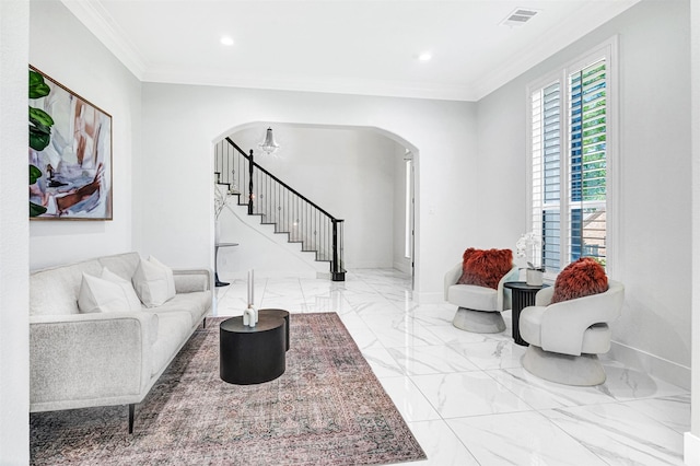 3401 Anthony Cir, Rowlett, TX 75088 - living area with arched walkways, stairs, marble finish flooring, crown molding, and recessed lighting
