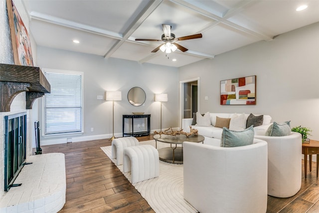 19 Salida Dr, Trophy Club, TX 76262 - living room with a fireplace, coffered ceiling, wood-type flooring, ceiling fan, and baseboards