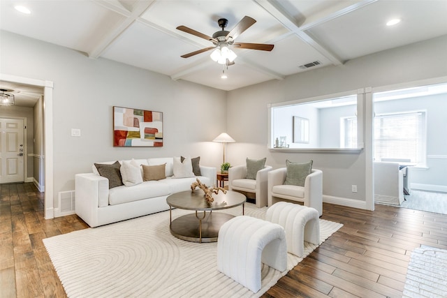 19 Salida Dr, Trophy Club, TX 76262 - living room featuring coffered ceiling, ceiling fan, baseboards, hardwood / wood-style floors, and recessed lighting