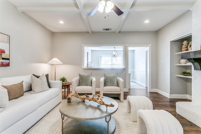 19 Salida Dr, Trophy Club, TX 76262 - living area featuring wood finished floors, ceiling fan, baseboards, recessed lighting, and beamed ceiling