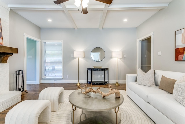 19 Salida Dr, Trophy Club, TX 76262 - living area featuring a brick fireplace, wood finished floors, a ceiling fan, beam ceiling, and baseboards
