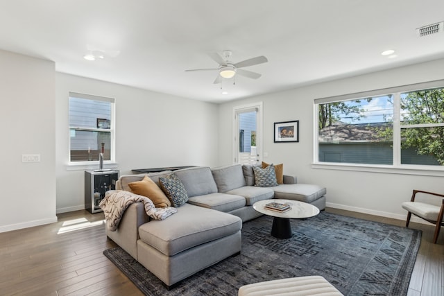 5424 Anita St, Dallas, TX 75206 - living area with wood finished floors, a ceiling fan, recessed lighting, and baseboards