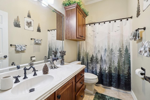 full bath with tile patterned flooring, curtained shower, vanity, toilet, and ornamental molding