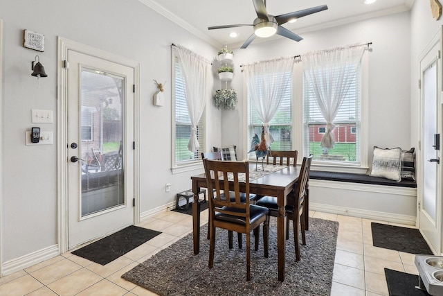 dining area with ceiling fan, crown molding, baseboards, recessed lighting, and light tile patterned flooring