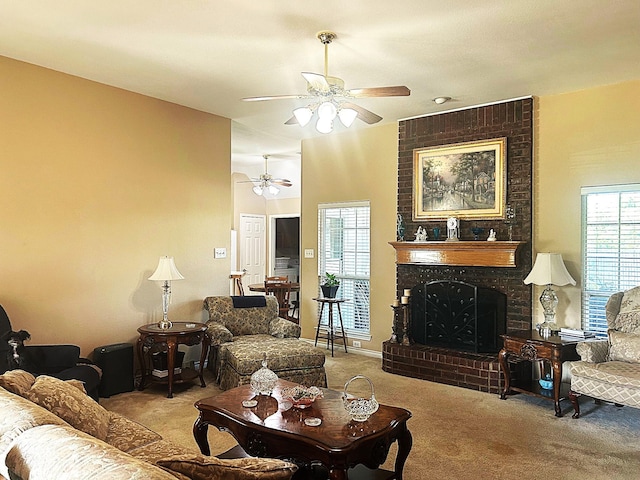 1561 Waterford Dr, Lewisville, TX 75077 - living room with carpet floors, ceiling fan, and a fireplace