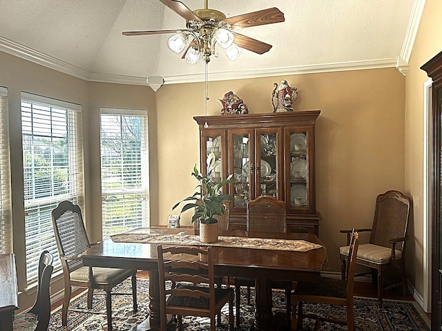 1561 Waterford Dr, Lewisville, TX 75077 - dining space featuring vaulted ceiling, a ceiling fan, and crown molding