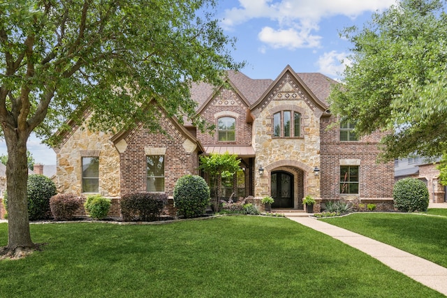 french country home featuring stone siding, brick siding, and a front yard