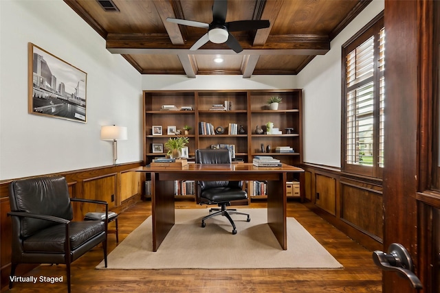 office space with ceiling fan, dark wood-style floors, wood ceiling, and a wainscoted wall