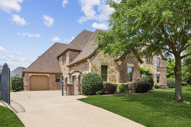 view of front of property featuring brick siding, a front lawn, concrete driveway, an attached garage, and a shingled roof