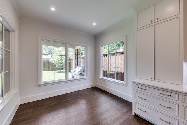 7538 Centenary Ave, Dallas, TX 75225 - unfurnished dining area with ornamental molding, dark wood-style floors, baseboards, and recessed lighting