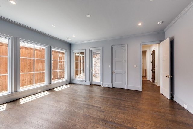 7538 Centenary Ave, Dallas, TX 75225 - unfurnished bedroom with crown molding, dark wood finished floors, baseboards, and recessed lighting