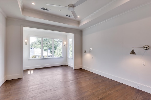 7538 Centenary Ave, Dallas, TX 75225 - unfurnished room featuring a tray ceiling, a ceiling fan, dark wood-style floors, ornamental molding, and baseboards