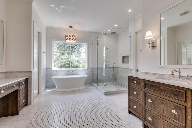 7538 Centenary Ave, Dallas, TX 75225 - full bath with a shower stall, vanity, a soaking tub, tile walls, and marble finish flooring
