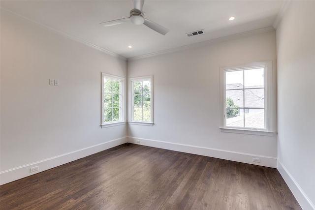 7538 Centenary Ave, Dallas, TX 75225 - unfurnished room with healthy amount of natural light, crown molding, a ceiling fan, baseboards, and dark wood finished floors