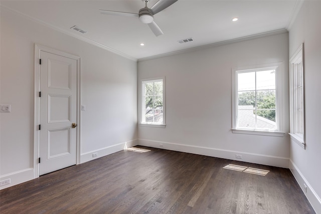 7538 Centenary Ave, Dallas, TX 75225 - unfurnished room with healthy amount of natural light, ornamental molding, ceiling fan, dark wood-style flooring, and baseboards