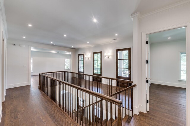 7538 Centenary Ave, Dallas, TX 75225 - hall featuring an upstairs landing, crown molding, wood finished floors, baseboards, and plenty of natural light