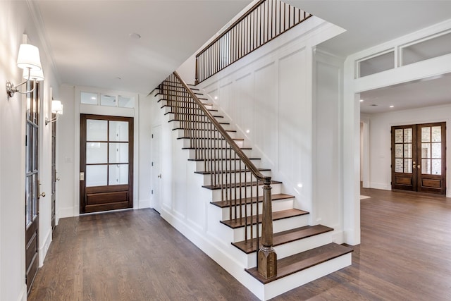 7538 Centenary Ave, Dallas, TX 75225 - entrance foyer with stairway, dark wood-type flooring, baseboards, french doors, and ornamental molding