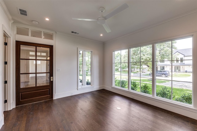 7538 Centenary Ave, Dallas, TX 75225 - unfurnished room featuring ornamental molding, a ceiling fan, plenty of natural light, dark wood-style flooring, and recessed lighting