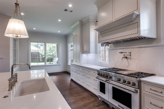 7538 Centenary Ave, Dallas, TX 75225 - kitchen with range with two ovens, a sink, dark wood-type flooring, healthy amount of natural light, and recessed lighting