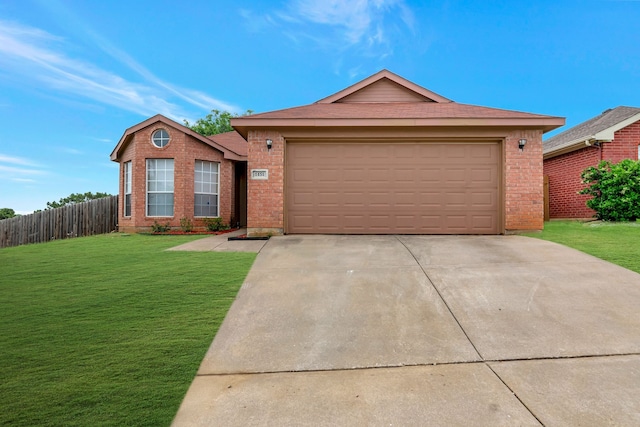 ranch-style house featuring a front yard, a garage, brick siding, fence, and concrete driveway