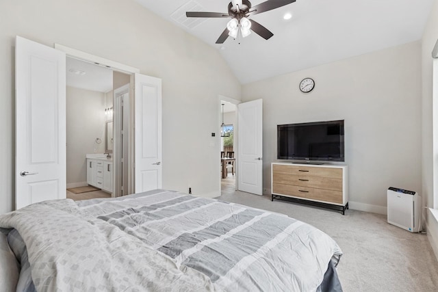 bedroom featuring baseboards, ceiling fan, vaulted ceiling, and light carpet