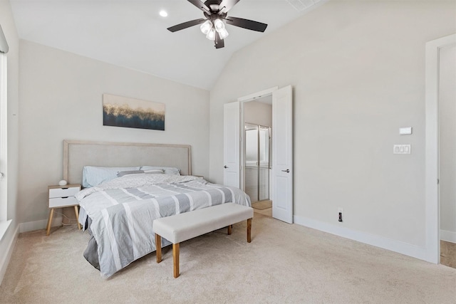 carpeted bedroom with baseboards, a ceiling fan, and lofted ceiling