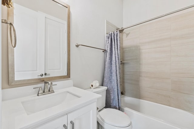 bathroom with toilet, shower / bathtub combination with curtain, and vanity
