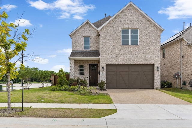 traditional home featuring brick siding, an attached garage, a front yard, and concrete driveway