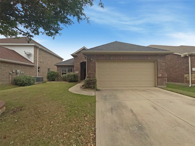 ranch-style home with driveway, central air condition unit, brick siding, a front lawn, and an attached garage