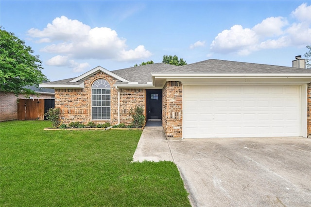 single story home featuring fence, an attached garage, brick siding, a front yard, and concrete driveway