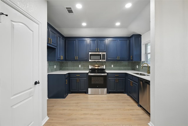 kitchen with visible vents, light countertops, a sink, appliances with stainless steel finishes, and backsplash