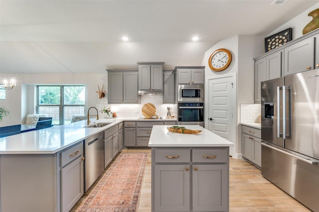 kitchen featuring a peninsula, light countertops, gray cabinets, a sink, and stainless steel appliances