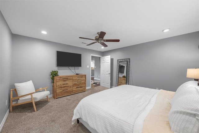 bedroom featuring carpet flooring, recessed lighting, and baseboards
