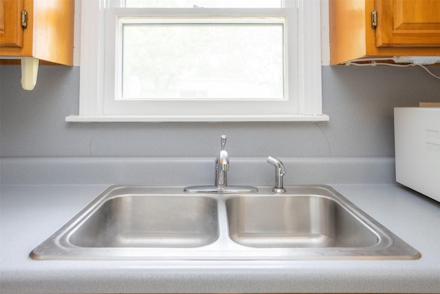 details featuring light countertops, brown cabinetry, and a sink