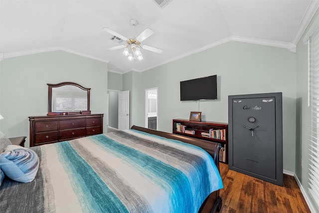 bedroom featuring a ceiling fan, visible vents, crown molding, wood finished floors, and lofted ceiling