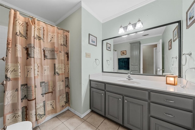 full bath featuring crown molding, visible vents, vanity, a shower with shower curtain, and tile patterned floors
