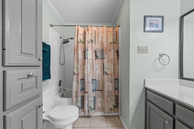 bathroom featuring tile patterned floors, ornamental molding, shower / bath combo, and vanity