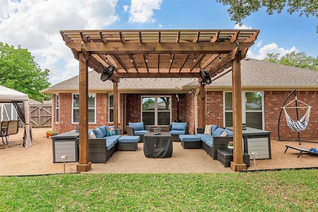 view of patio / terrace featuring a gazebo, outdoor lounge area, fence, and a pergola
