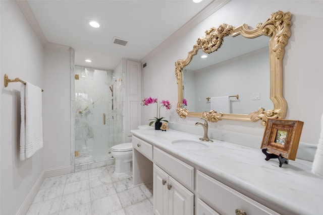 bathroom with visible vents, vanity, toilet, recessed lighting, and a marble finish shower