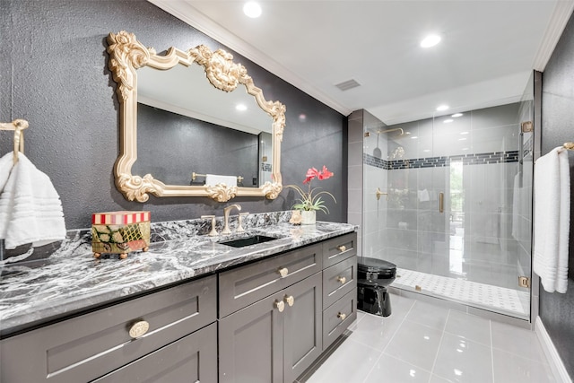 bathroom with vanity, visible vents, recessed lighting, tile patterned floors, and a stall shower