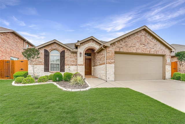 view of front of property with a front yard, a garage, brick siding, fence, and concrete driveway