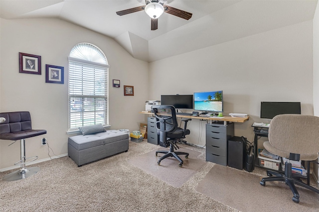 office area featuring carpet flooring, ceiling fan, vaulted ceiling, and baseboards