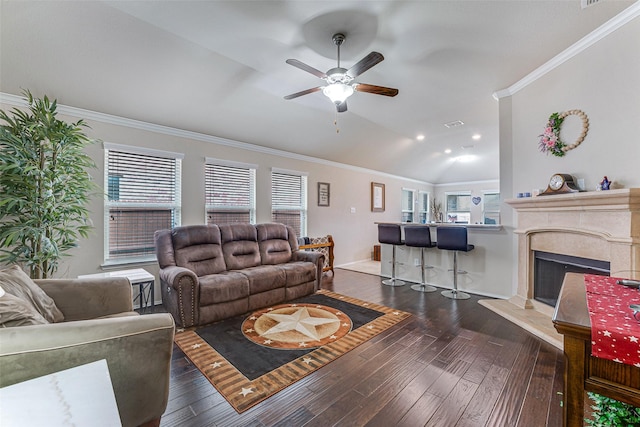 living room featuring crown molding, ceiling fan, and hardwood / wood-style floors