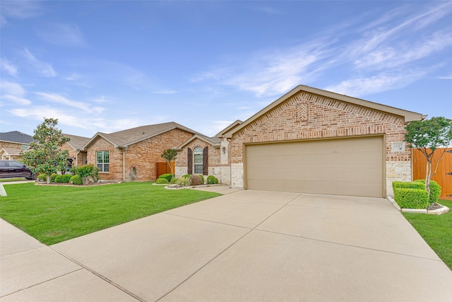 view of front facade featuring an attached garage, driveway, a front lawn, and brick siding