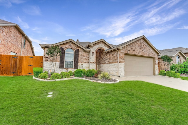 view of front of property with fence, a front lawn, stone siding, a garage, and concrete driveway