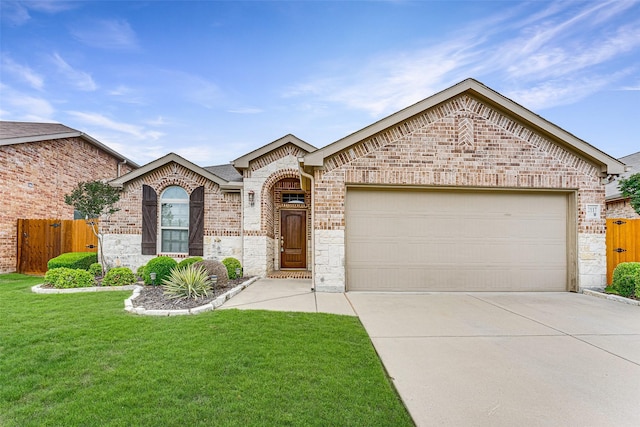 french country inspired facade featuring driveway, a front yard, a garage, brick siding, and fence