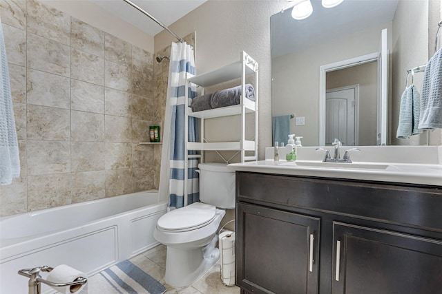 full bath featuring toilet, shower / bath combo with shower curtain, tile patterned flooring, and vanity