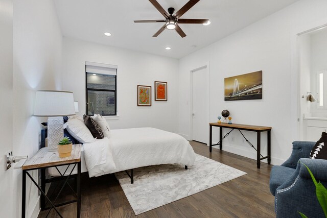 bedroom with baseboards, ceiling fan, recessed lighting, and wood finished floors