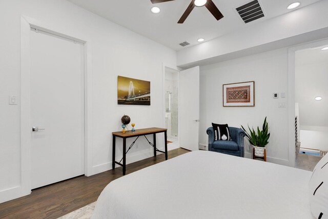 bedroom featuring visible vents, recessed lighting, ceiling fan, and wood finished floors